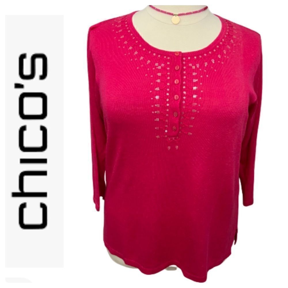 NWT Chico's Estella Henley Linen Embellished Pullover Hot Pink Sweater- … - Picture 3 of 12